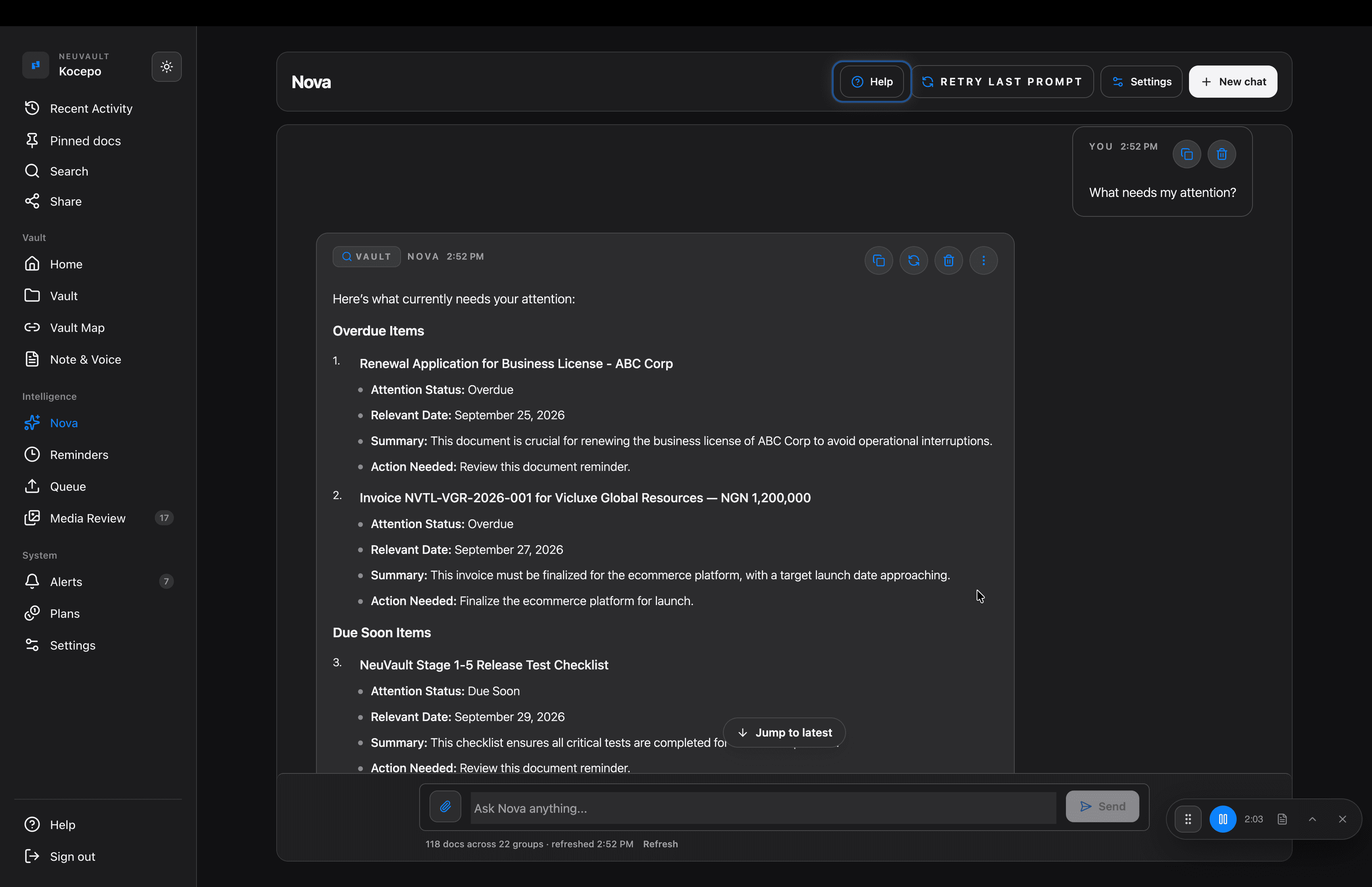 NeuVault desktop: Find it. Ask about it. Ask Nova what needs you, and get answers drawn from your own vault.