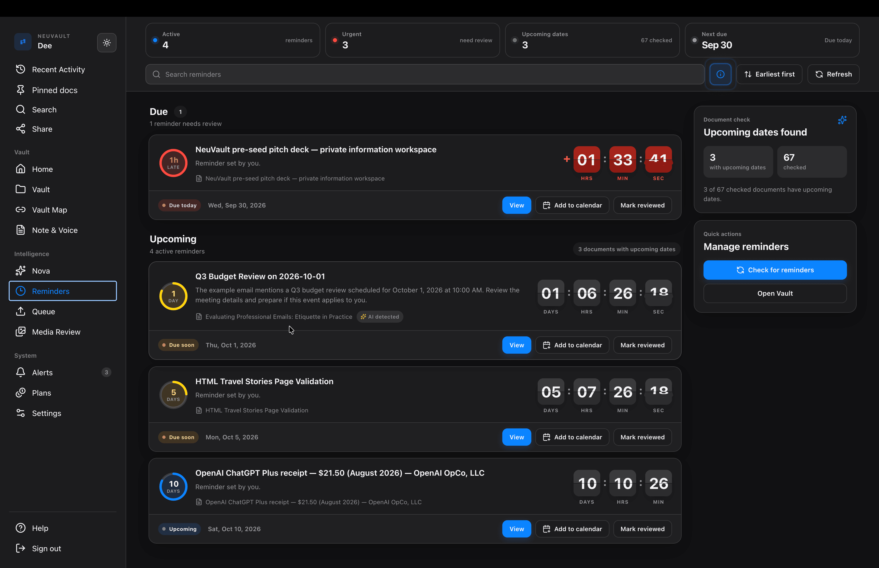 NeuVault desktop: Keep important dates in sight. Every date counts down live, overdue first, so nothing slips past.