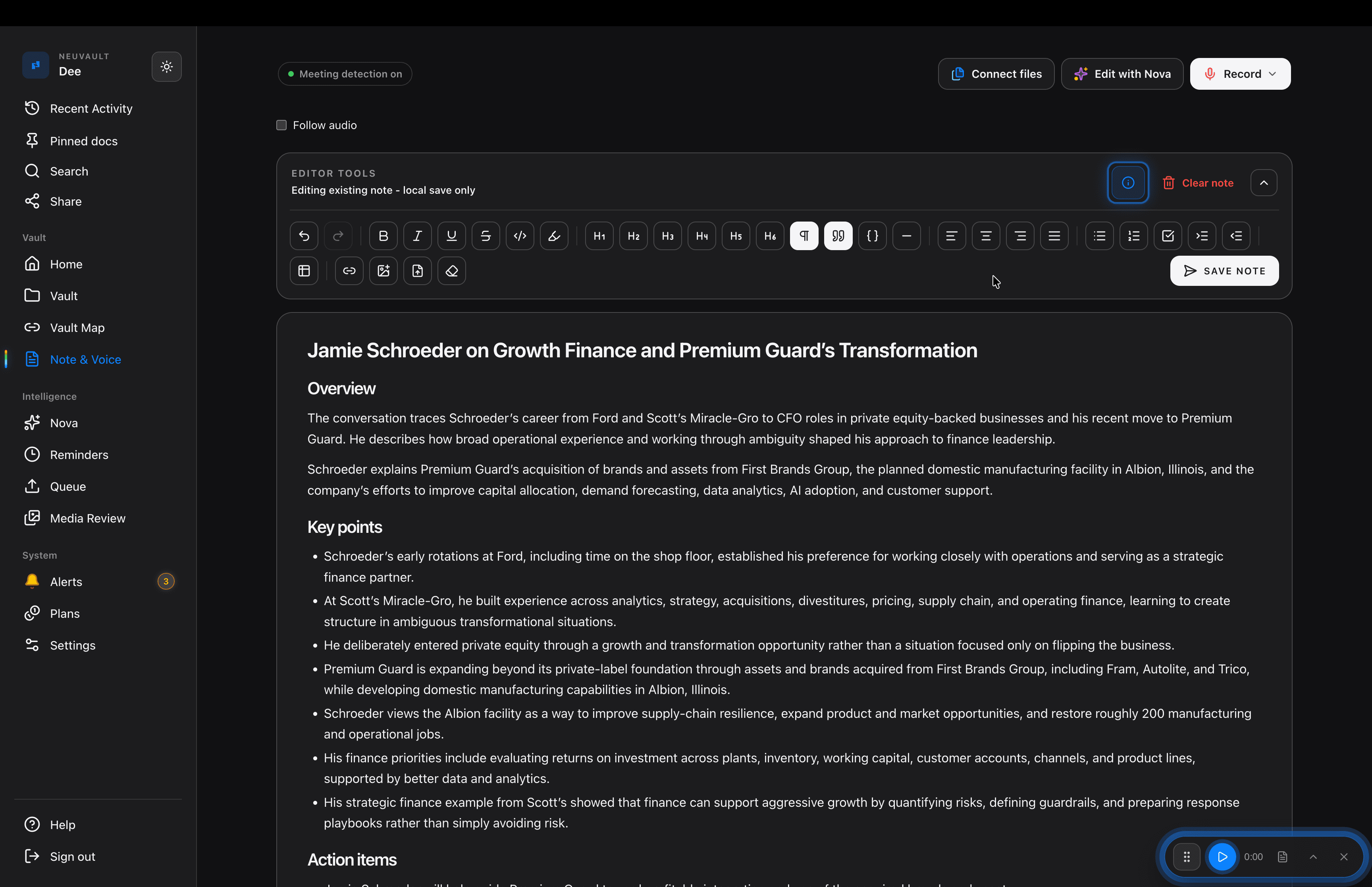 NeuVault desktop: From voice to structured notes. A recording becomes an overview, key points, action items and the full transcript, all in the note itself.