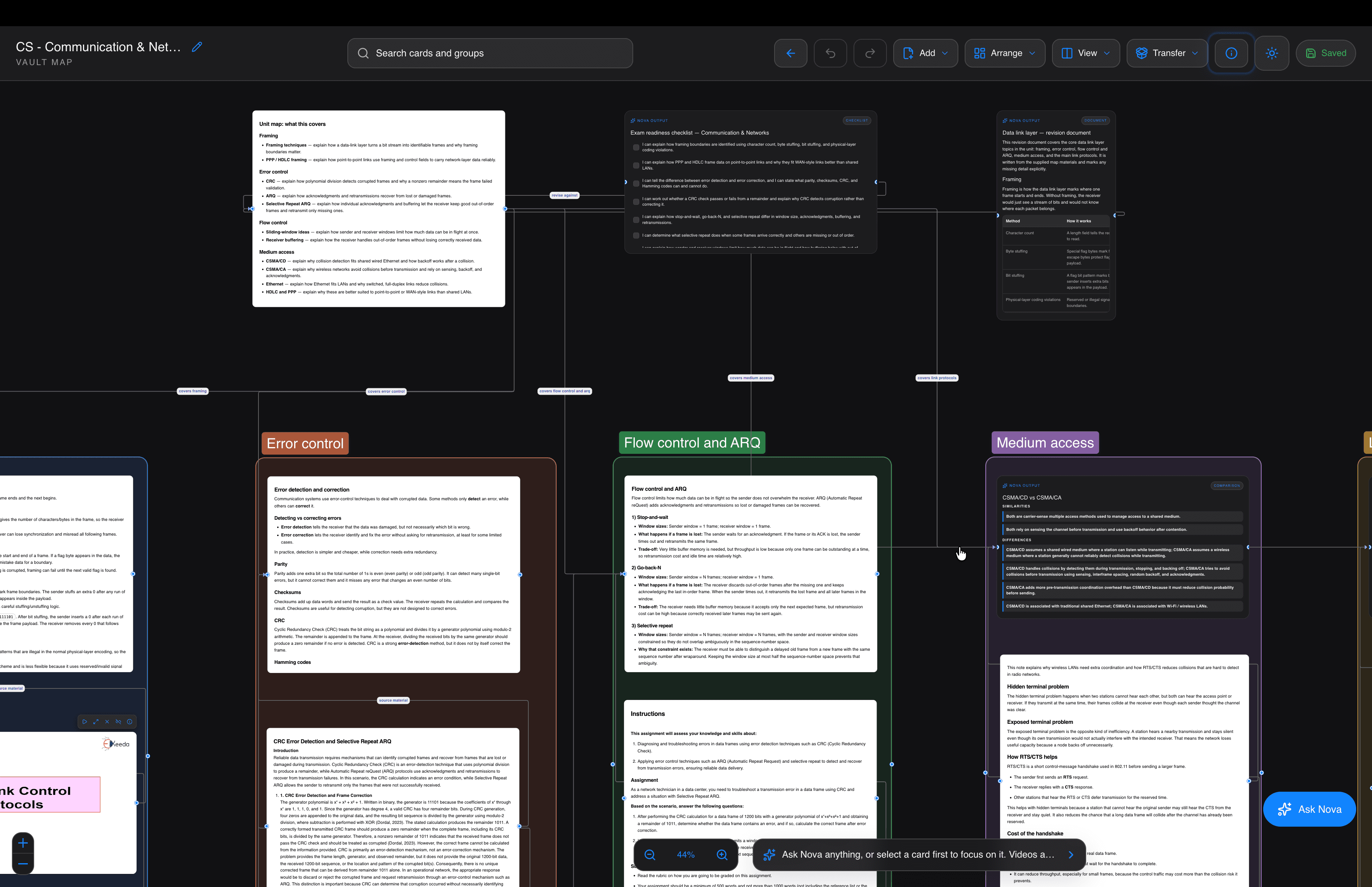 NeuVault desktop: Groups, colours and labelled links. Sort cards into coloured groups and label each connection, so the map explains itself when you come back to it.
