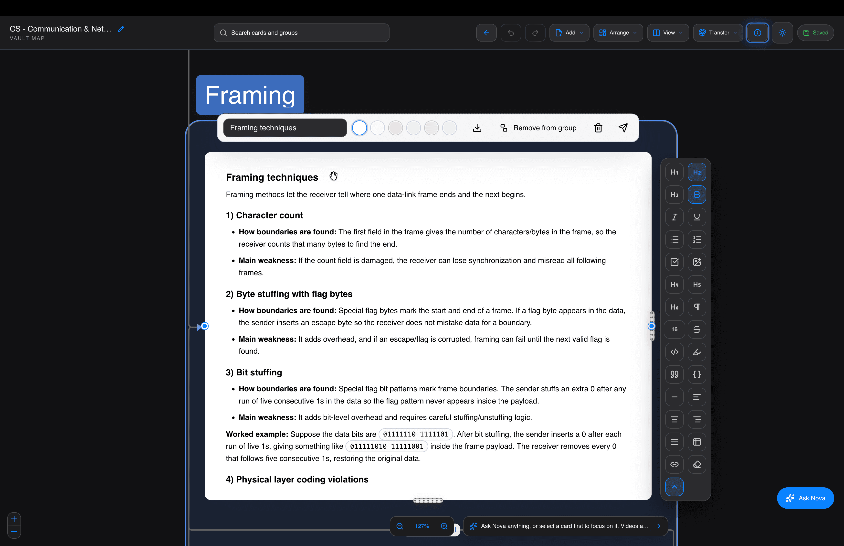 NeuVault desktop: Write right on the map. Every note card is a full editor, with headings, lists, tables and code, and you can recolour it or move it between groups.