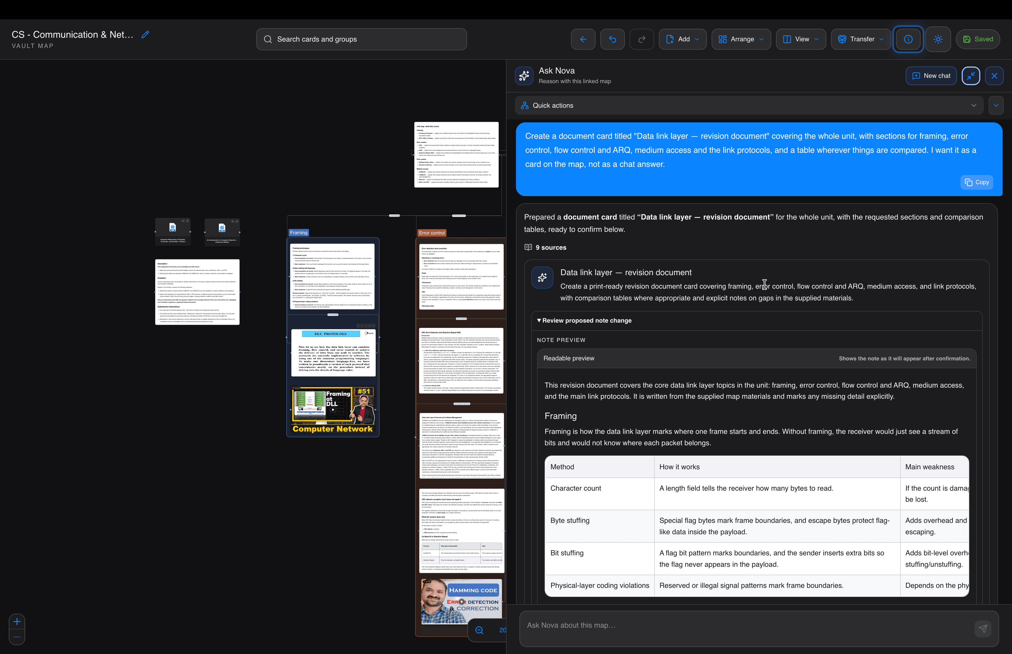 NeuVault desktop: Ask Nova about the whole map. Nova reads every card, then summarizes, compares or drafts a revision document, and adds it only when you confirm.