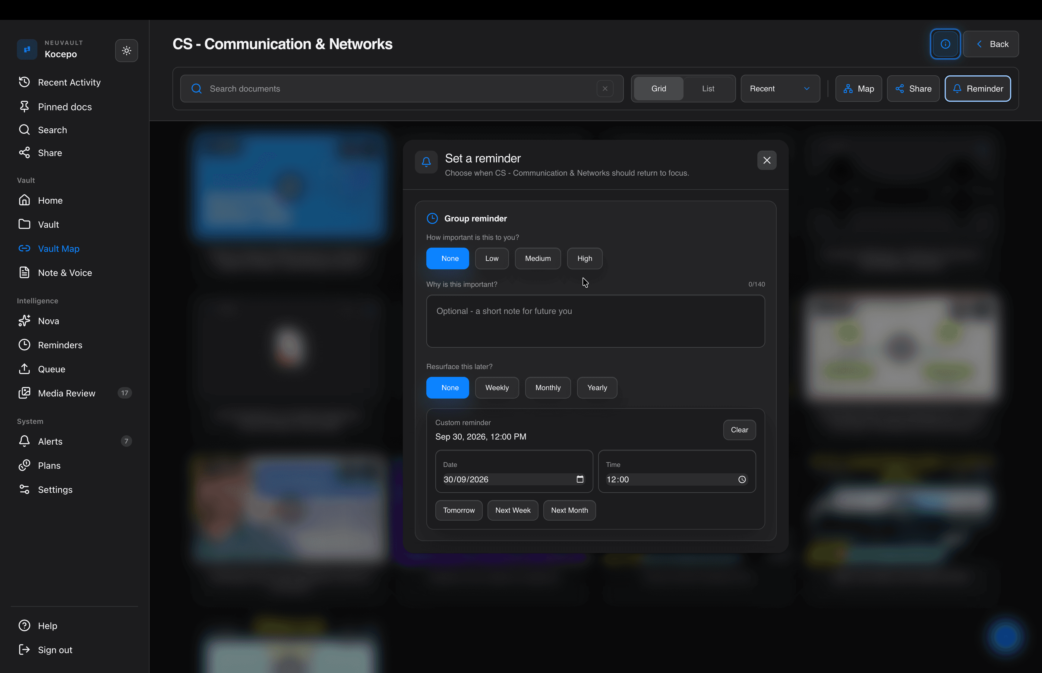 NeuVault desktop: Bring it back when it matters. Set a reminder for the whole group, with a date or a weekly, monthly or yearly return.