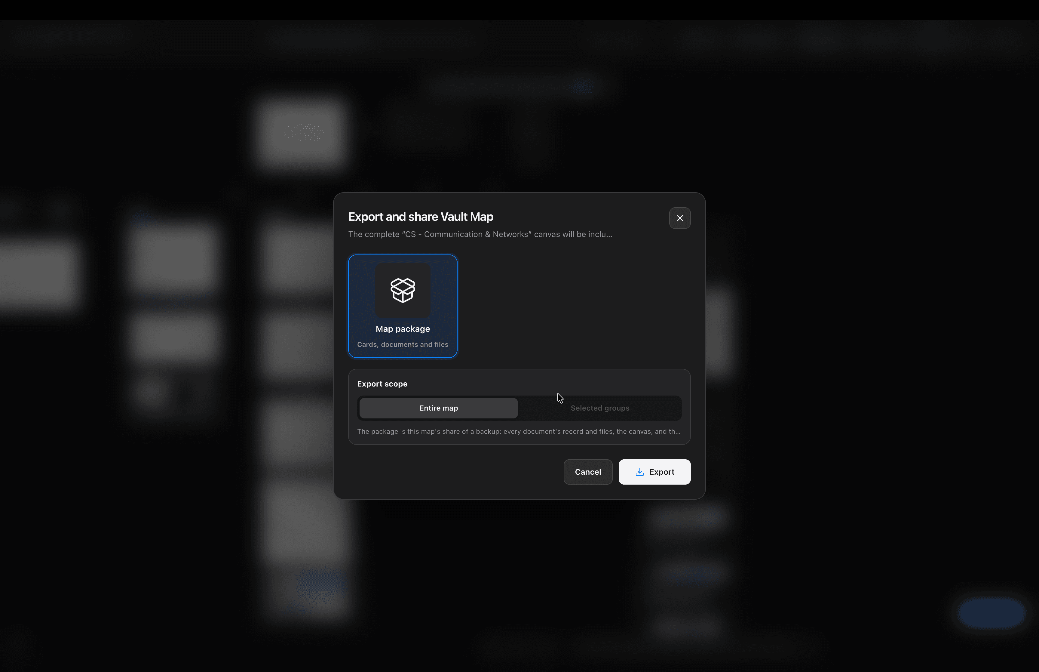NeuVault desktop: Export and share the map. Send the whole map, or just the groups you choose, as one package with every card, document and file.