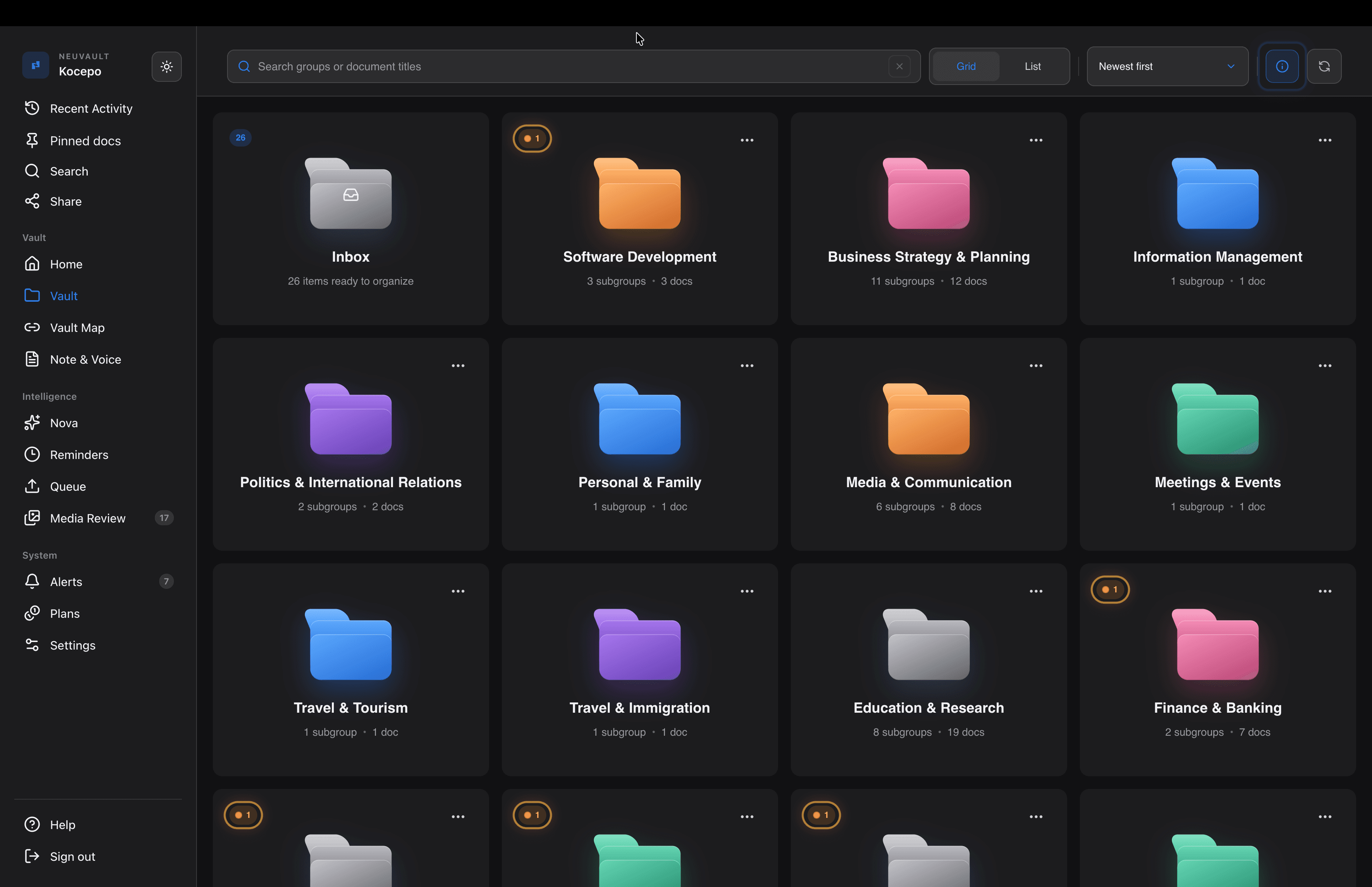 NeuVault desktop: Sorted before you look. Everything lands in groups by what it is, not by where you happened to save it.