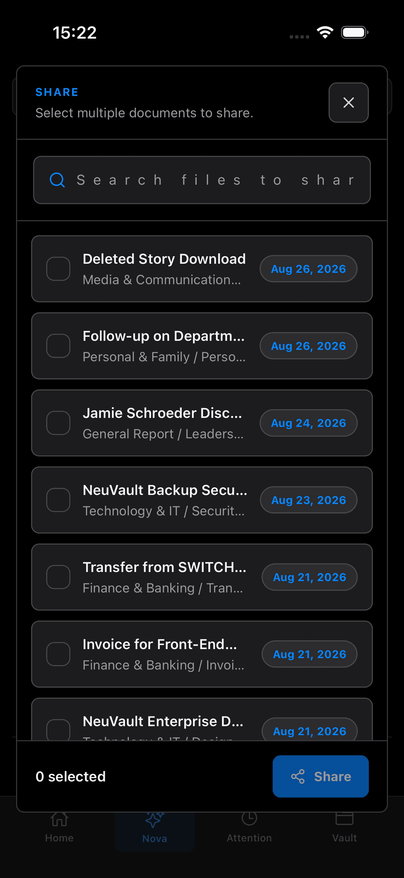 NeuVault mobile: Share what matters. Pick several documents and send them together.