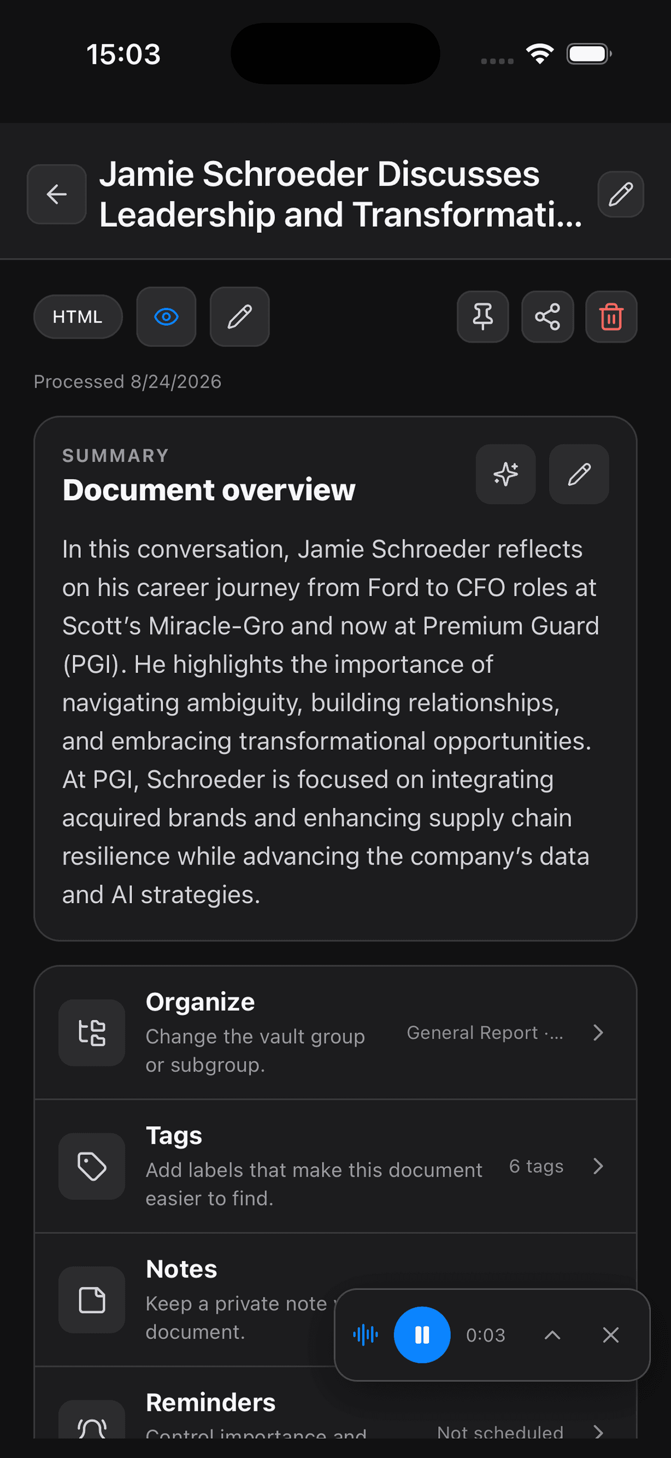 NeuVault mobile: Understood, not just stored. Open any document to its summary, tags, notes and reminders.