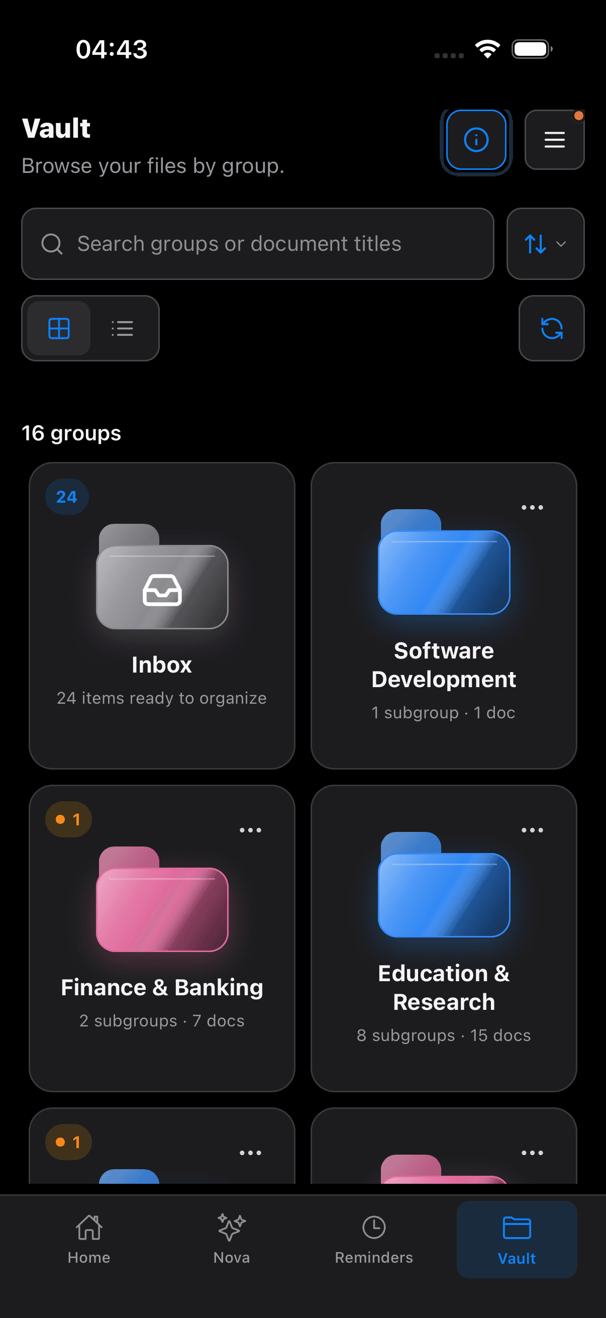 NeuVault mobile: The whole vault, in your pocket. The same groups as on your desktop, ready wherever you are.