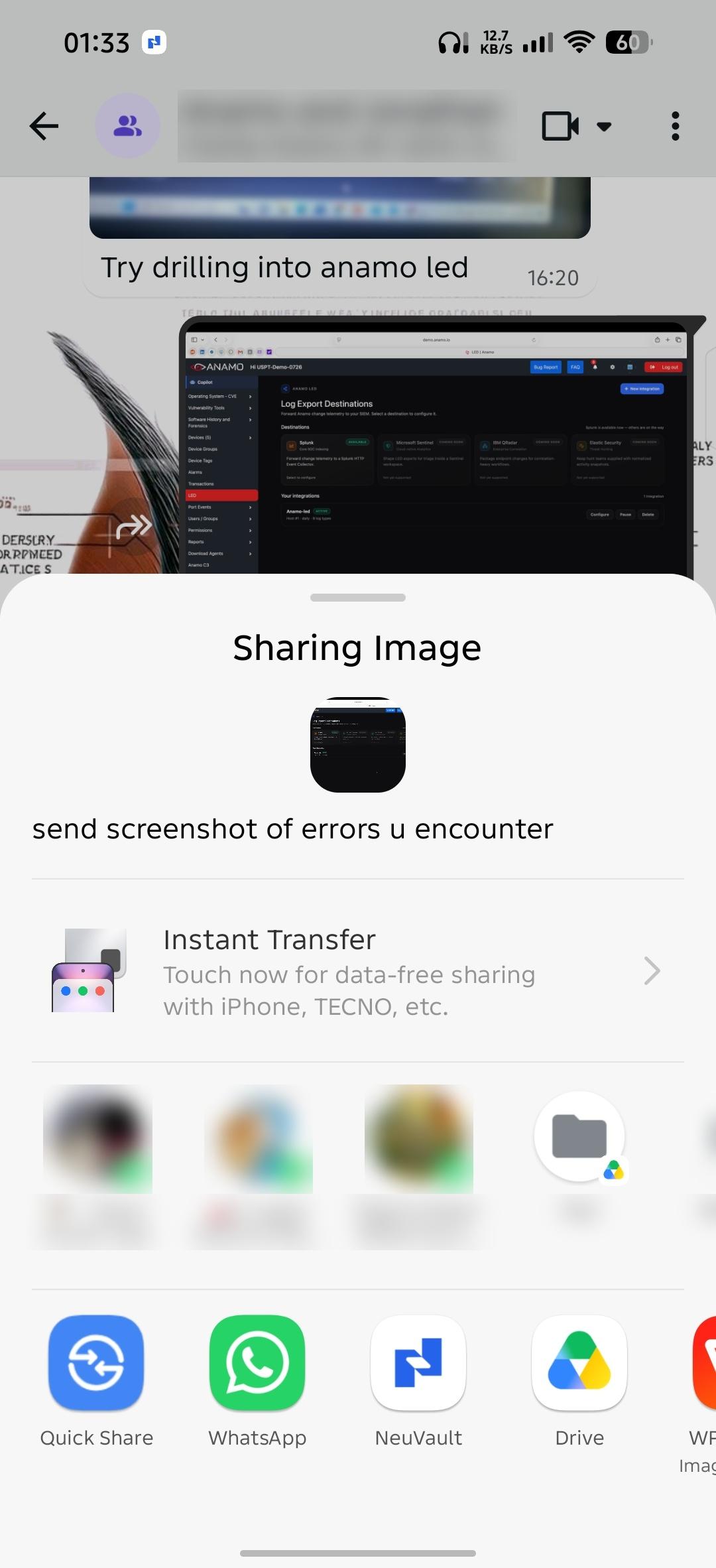 NeuVault mobile: Share straight from WhatsApp. Pick NeuVault in WhatsApp's share sheet and the file comes straight in.